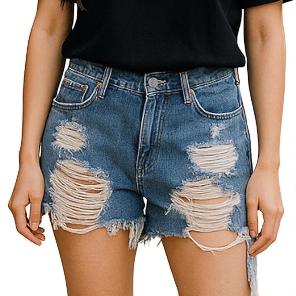 SIGNATURE 8 Blue Cotton Denim Distressed High Rise Shorts